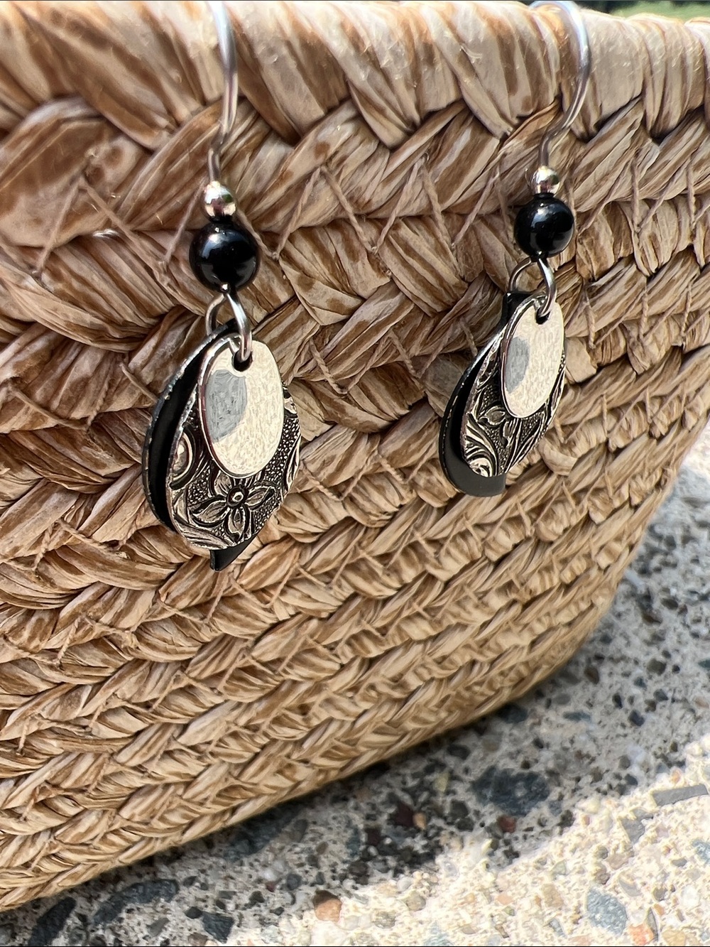 Layered Black and Silver Teardrop Dangle Earrings